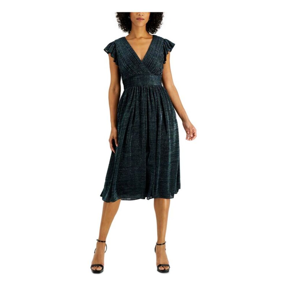 AIDAN AIDAN MATTOX Womens Green Pintucked Lined Flutter Sleeve Dress 2
